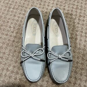 Tod's Women's Sky Blue Loafers with Bow Detail